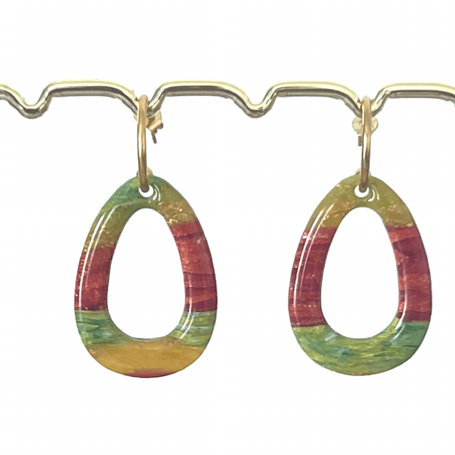Boucles d’oreilles ovales rouge vert jaune translucide 