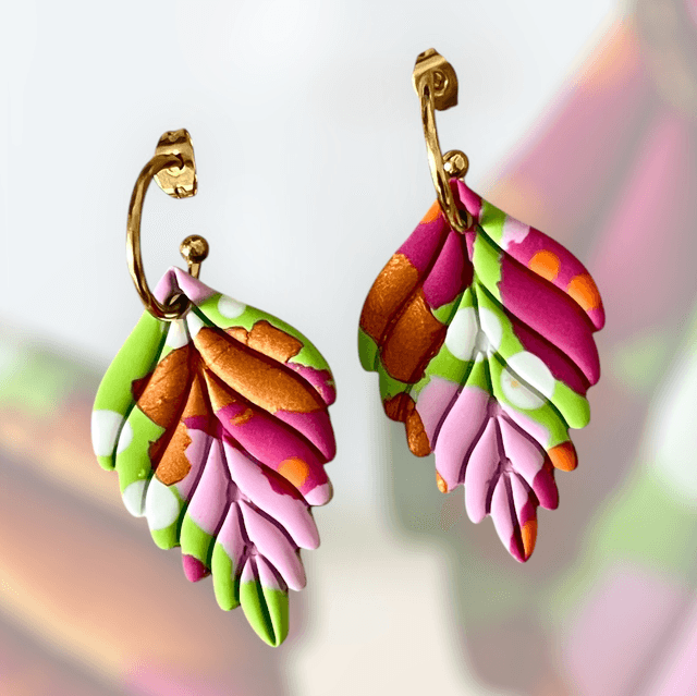Boucles d’oreilles feuilles rose, bronze, vert, blanc 