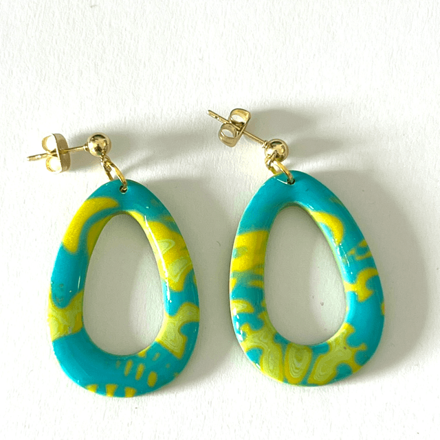 Boucles d’oreilles ovales bleu lagon et jaune